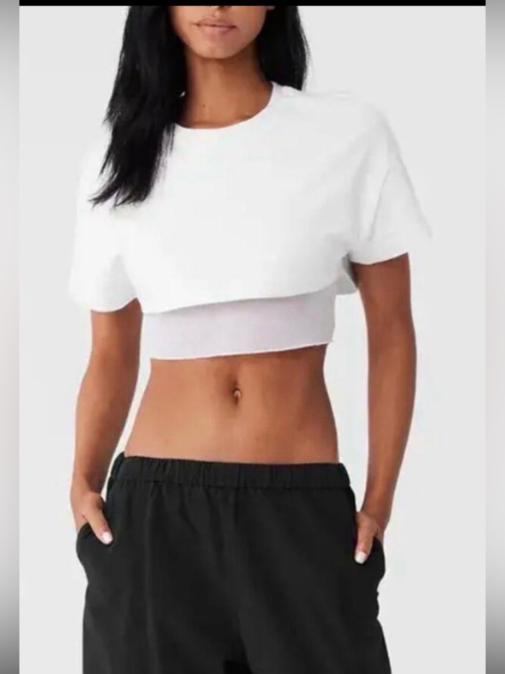Alo Yoga “Made You Look” Short Sleeve Cropped Sheer Layered White Tee Women Sm